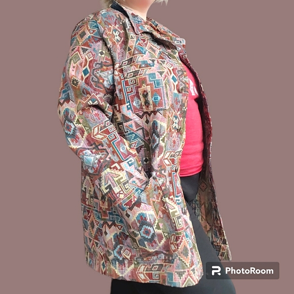 Vtg 90s Carole Little Southwestern Oversized Tapestry Shacket Jacket - Picture 3 of 10